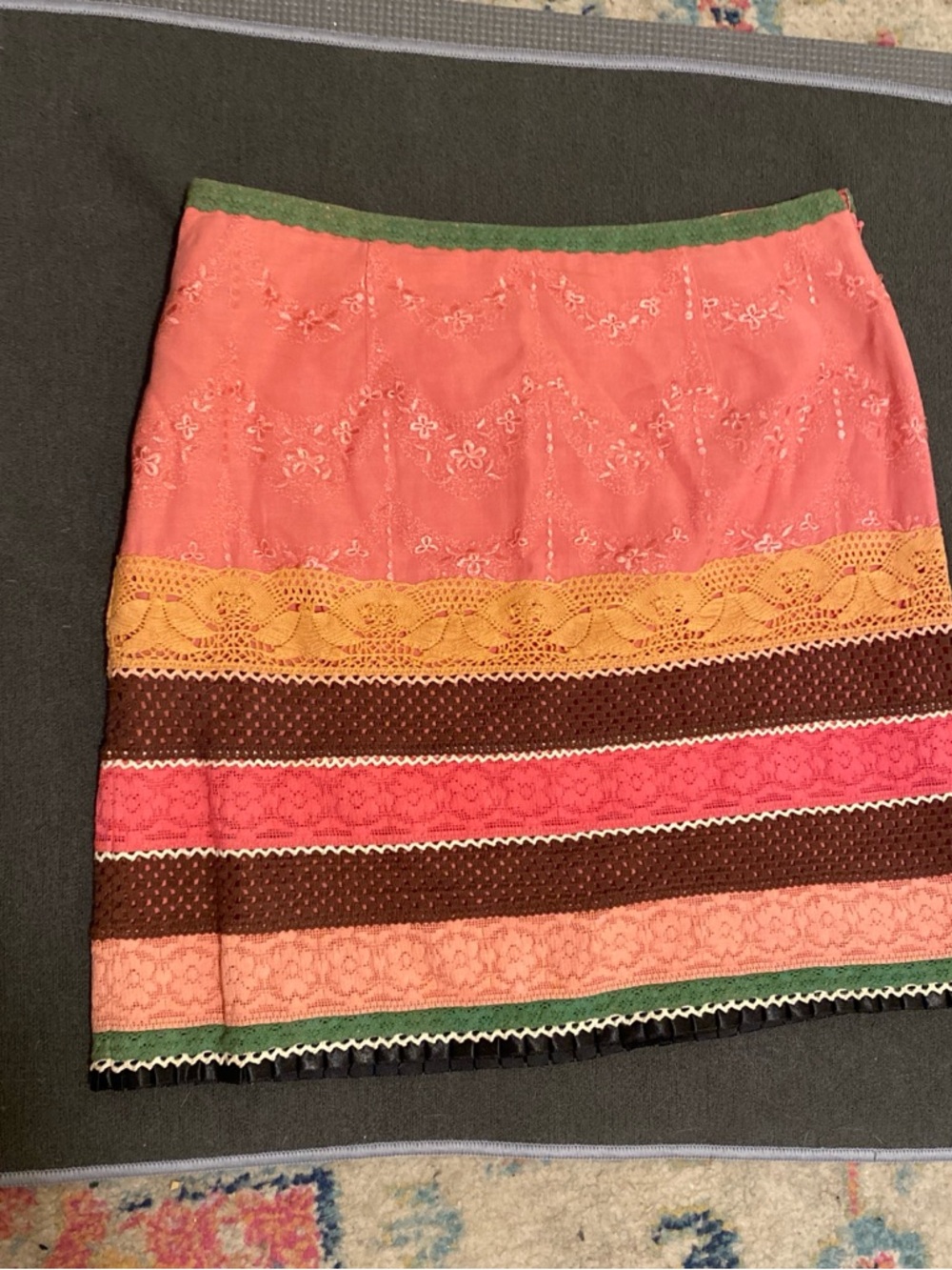 Boston Proper Coral Crochet-Striped Mini Skirt with Green Trim